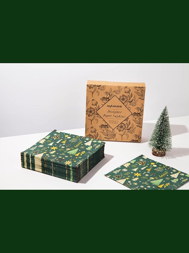 Premium Designer Paper Napkins, 3-Ply 6.5 x 6.5-inches Fold Disposable Decorative Winter Guest Christmas Holly Green Festive New Year Tree Party Lunch Dinner Napkin (50, Festive Green)