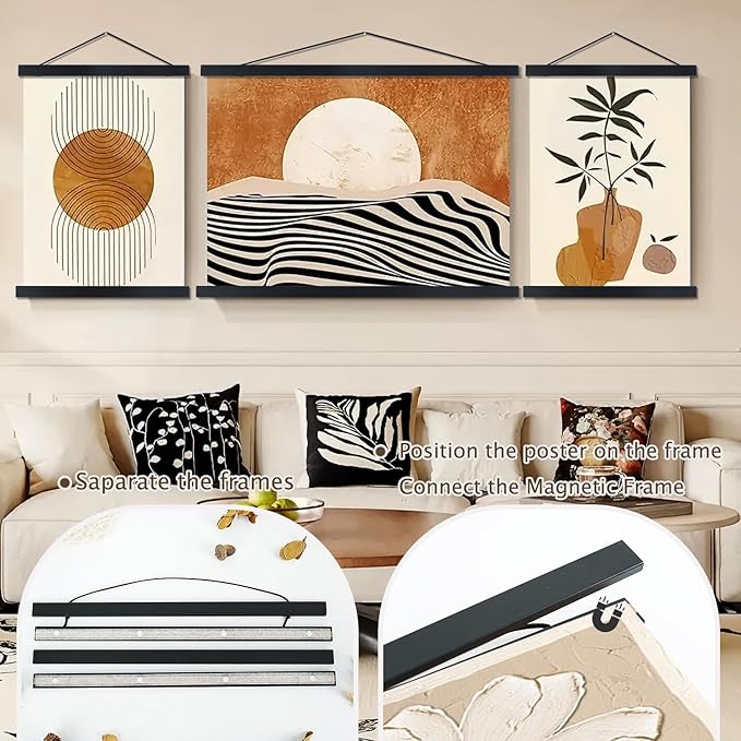 Artmag Magnetic Poster Hanger Frame, 10x14 10x16 10x20 Light Wood Wooden Magnet Canvas Artwork Print Poster Hangers Frames Hanging Kit (Black, 10")