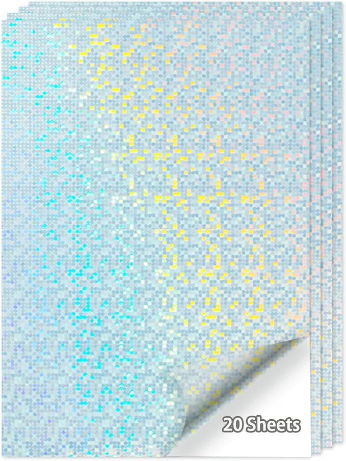 20 Sheets Printable Holographic Sticker Paper,11 x 8.5 Inches Printable Waterproof Paper Rainbow Vinyl Sticker Paper for Inkjet or Laser Printer（Laser bubble pattern）