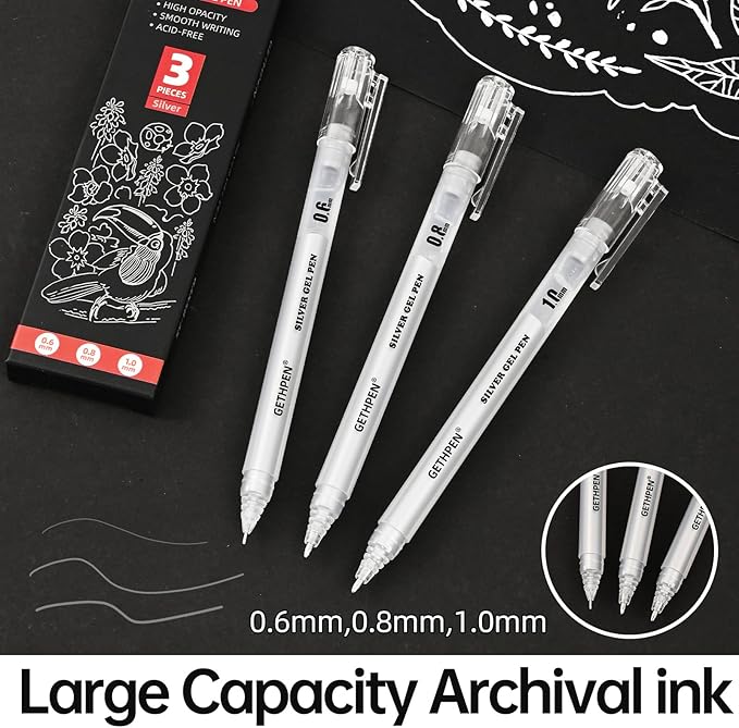 Silver Gel Pens 3-Pack - 0.6/0.8/1.0mm Fine Point Opaque Silver Archival Ink Pen for Black Paper Drawing, Sketching, Illustration, Bullet Journaling