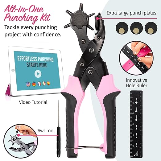 Precision Leather Hole Punch Tool, Best for Belts, Fabric, Leather (Up to 5mm Thick), Multi-Size Puncher for DIY, Craft & Home Projects, Comfortable for Smaller Hands with Reduced Handle Spread, Pink
