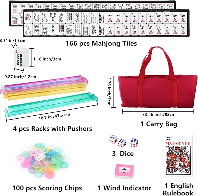 American Mahjong Tile Set – 166 White Tiles, 4 All-in-One Color Racks with Pushers, 3 Dice, Portable Red Carrying Bag – Complete Mahjong Game Set