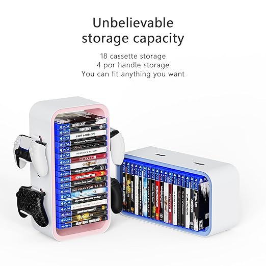wigmoa OYO-1 15.8INCH Game Storage Tower Compatible with PS5/ Xbox Series S & X/Switch, Universal Video Discs Organizer 18 PCS with 4 Controller Holder, Game Disk Box Stand (White/Gray)