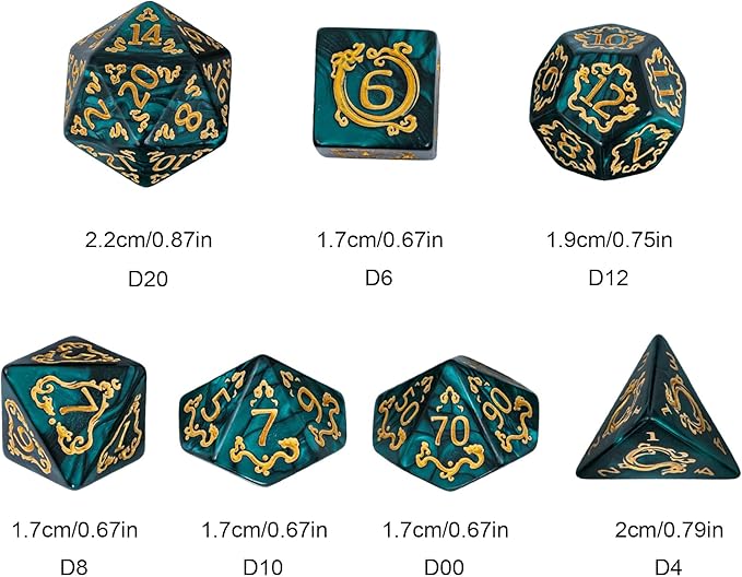 7-Die DND Dice Set Dragon Pattern Polyhedral Die with Leather Bag D&D Dice Set for RPG Table Games (Green W/Gold Dragon Pattern)