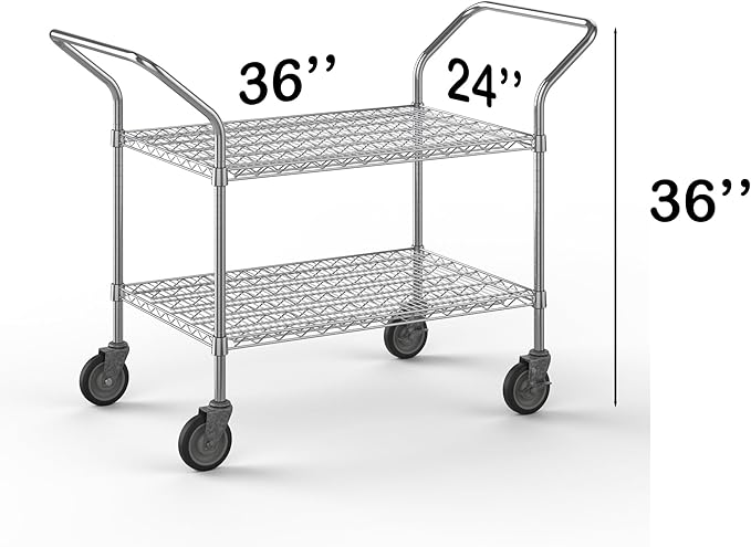 24" W x 36" L x 36" H Chrome Heavy Duty Utility Cart | 2-Tier | NSF Commercial Storage Rack Mobile Unit | Storage and Mobility Solution for Your Business