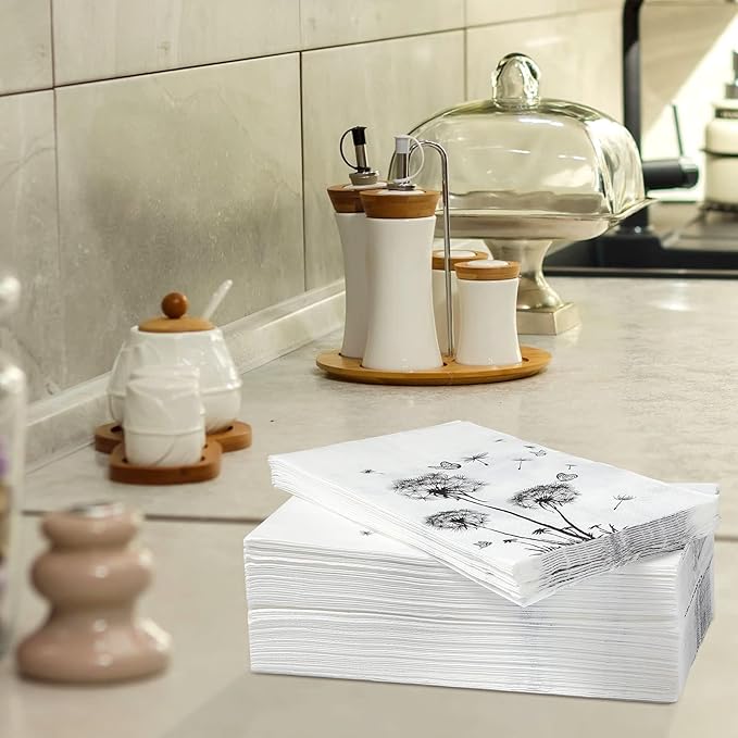 100 Sheets Dandelion Guest Towels Disposable for Bathroom Disposable Paper Napkins for Dinner Party Kitchen Floral Paper Hand Towels for Guest Party Supplies (4.3 x 7.9 Inch)