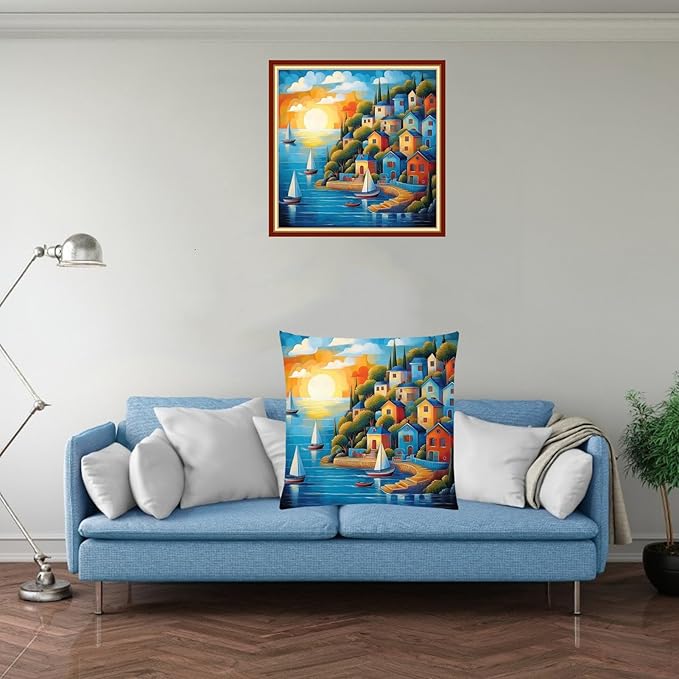 Fanxvivy Stamped Cross Stitch Kits for Adults Beginners Pillow Needlepoint Kit with Embroidery Pattern Needlework Kit Prestamped Stitches Kit 11CT Cross Stitching-Seaside Scenery 18x18 inch