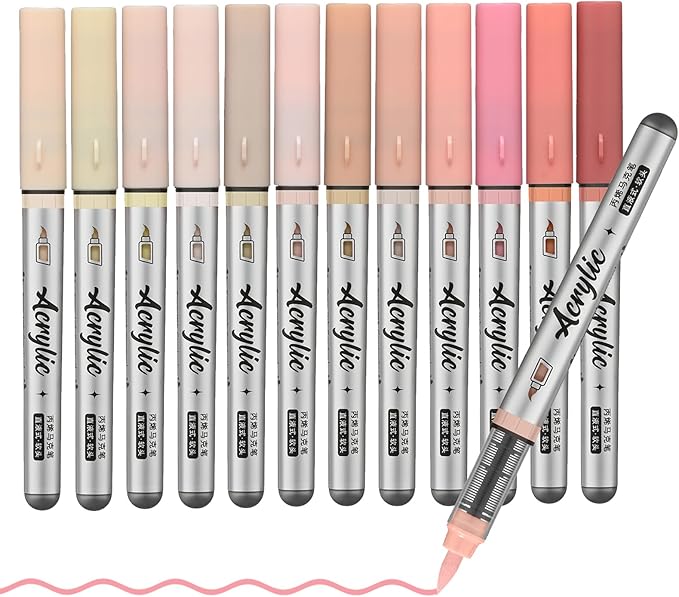 Skin Tone Acrylic Paint Pens,12 Color Paint Pens Markers,Brush Tip Paint Pens for Rock Painting Wood Glass Ceramic Canvas Stone DIY Crafts Making Art Supplies