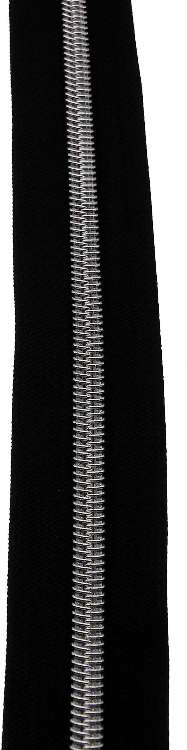 Leekayer #5 Silver Metallic Nylon Coil Zippers by The Yard Bulk 10 Yards Black Zipper Tape with 25pcs Silver Sliders for DIY Sewing Tailor Craft Bag(Black)