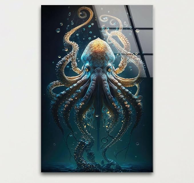 My Photostation.com 40WX60H'' Underwater Blue Octopus Glass Wall Art Tempered Glass Printing Wall Decor Large Wall Art Wall Hangings
