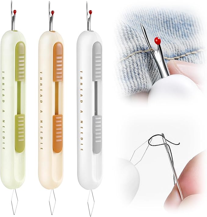 2 in 1 Needle Threader Seam Ripper Tool for Easy Needle Threading and Stitch Removal, Multifunctional Hand Sewing Tools Automatic Threading Tool Stitch Ripper (Beige & Green & White)