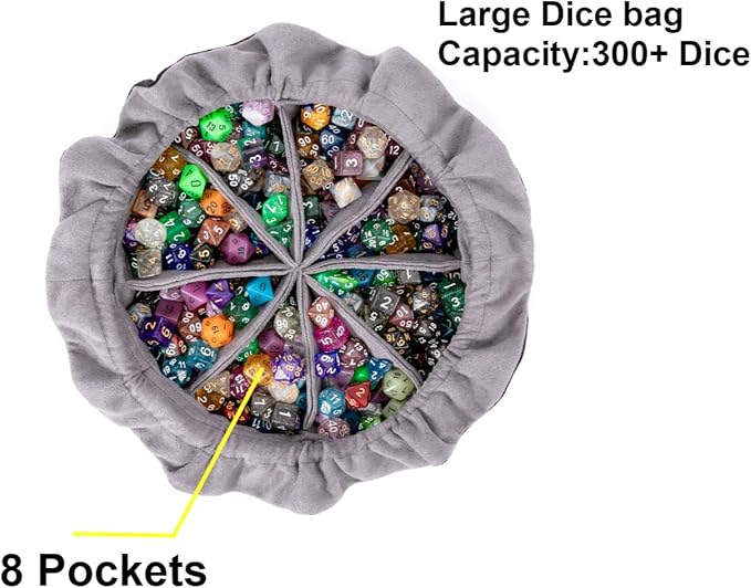 Large DND Dice Drawstring Bags with Pockets Black Storage Bag for RPG MTG Game Dices Capacity Over 300 Dice