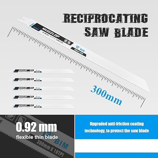 5 Pack 12 inch Reciprocating Saw Blades Set,18 TPI High Carbon Saw Blades, Metal Saw Blades with Organizer Case (5, 18TPI/300mm)