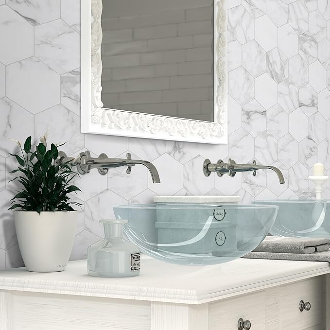 45-Sheet Hexagon Peel and Stick Backsplash, 6" x 7" White Calacatta Marble Looks Self Adhesive Wall Tile, Stone Composite Stick on Decorative Mosaic Tile for Kitchen Bathroom Fireplace