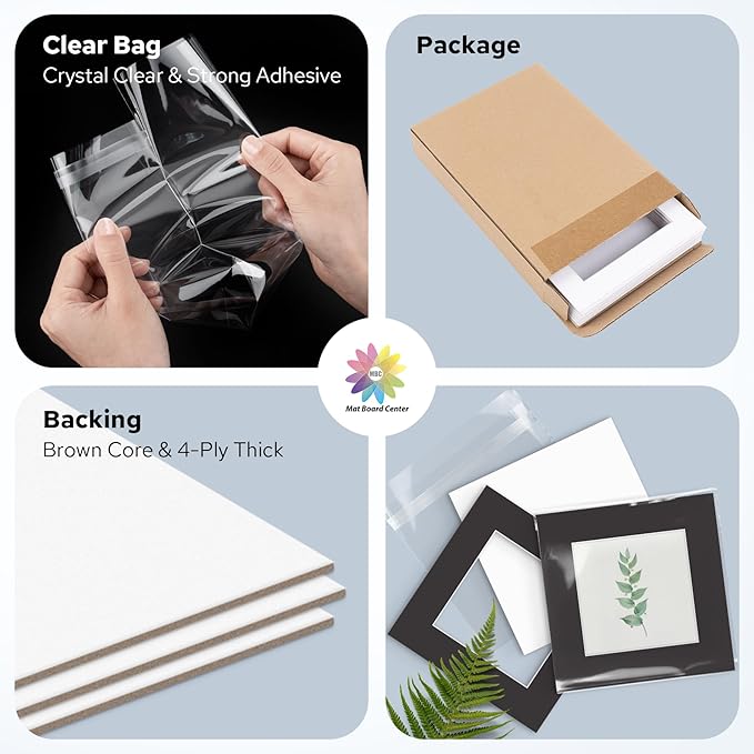 Mat Board Center, Pack of 10, 12x12 for 8x8 Black Mat Kit - Acid Free, 4-ply Thickness, White Core - Includes Backing Boards and Clear Bags - for Pictures, Photos, Framing