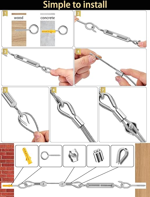 1/16 Inch Stainless Steel Cable 100FT with M5 Turnbuckle - 304 SS Wire Rope Kit for Outdoor Sun Shade, Garden, Deck (1/16" 100FT Wire Rope Kit)