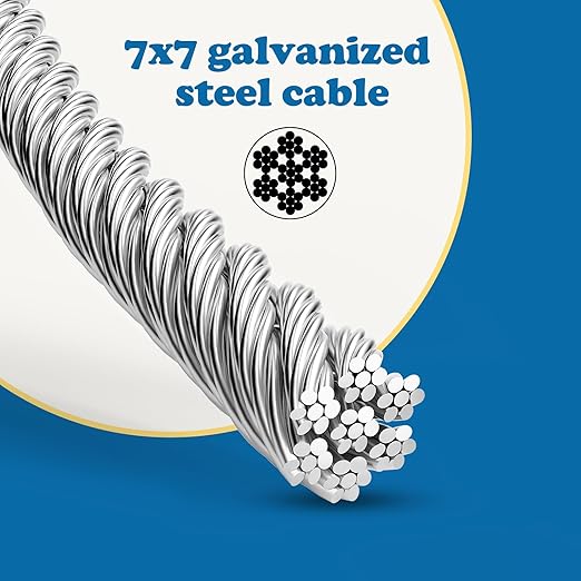 3/16 Galvanized Wire Rope, 100ft Galvanized Steel Cable 3/16 Inch, 7X7 Strands Core Aircraft Cable with 3/16 Rope Clamps, Thimbles, for Anchored Shed, Clothesline, Lights Hanging, Yard Zipline