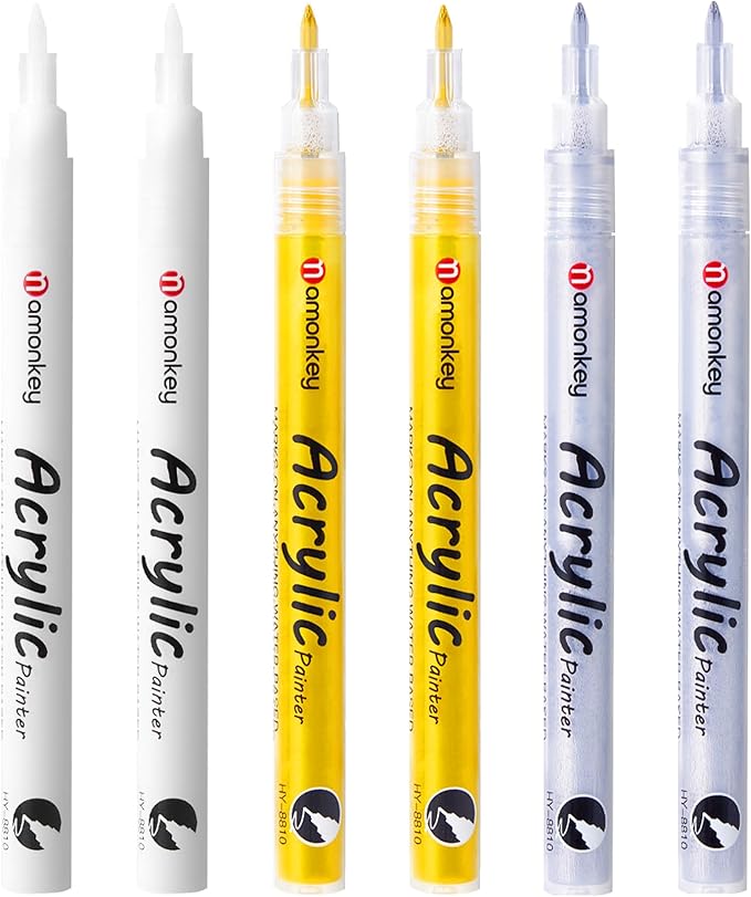 White, Silver & Gold Paint Marker Pens 6 Pack 0.7mm Extra Fine Tip, Permanent Acrylic Ink for Rock, Wood, Metal, Glass, Ceramic, Plastic, Canvas, Pens for DIY Crafts, Art & Fine Detailing