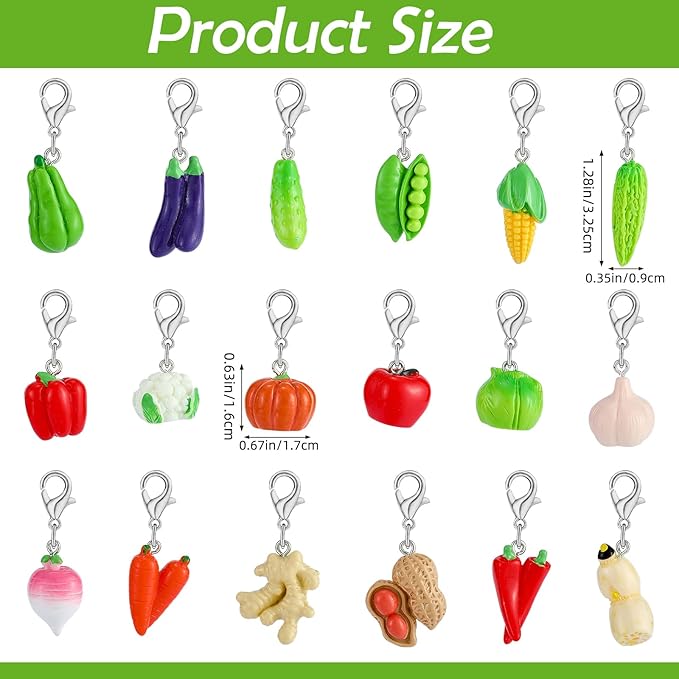 BEEFLYING 18Pcs Vegetable Stitch Marker Charms for Crocheting and Knitting, Resin Plant Crochet Knit Stitch Marker Pendant with Lobster Clasp for Sewing Quilting Handmade Jewelry