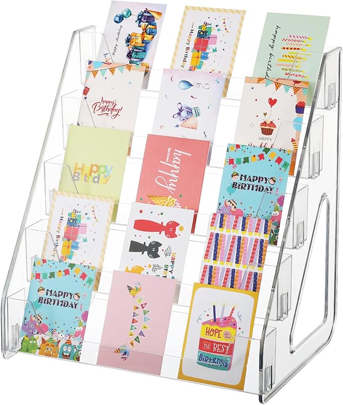 5 Tier Acrylic Card Display Stand(Tall Height), Clear Display Shelf Desktop for Trading Cards, Sports Cards, Greeting Card, Stickers & Brochures, Easy Clip-On Design