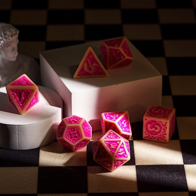 7-Die DND Dice Set New Pattern Polyhedral Dice Set with Leather Bag D&D Die for RPG Table Games(Yellow Pink)