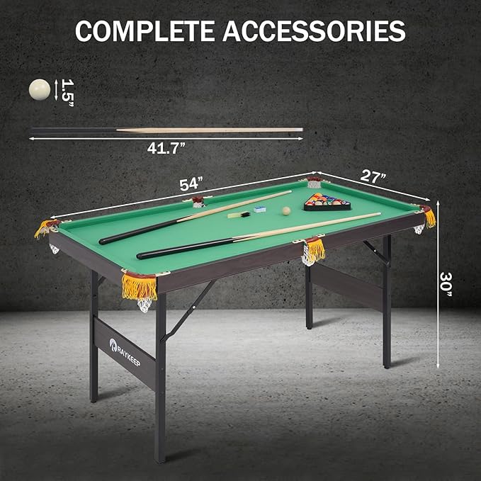 54" Portable Pool Table - Billiard Table for Kids & Adults with 2 Cues, Triangle Rack, Chalk & Brush - Compact Wooden Game Table for Home, Game Room, Indoor & Outdoor