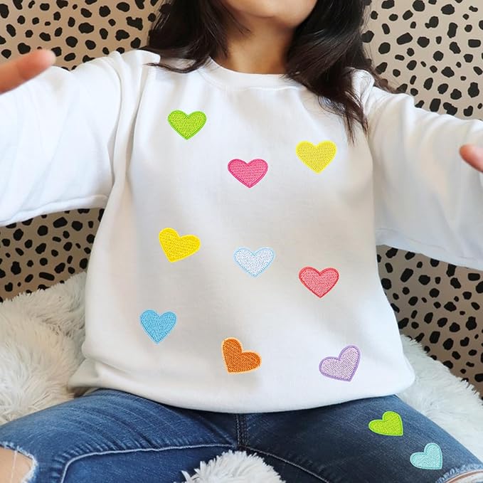 62 Pcs Colorful Embroidered Iron on Heart Patches Hearts Iron on Patches Mini Tiny Fabric Heart Sew on Patch,Hearts Embroidered Patch for Clothes Dress Pant Hats Backpack