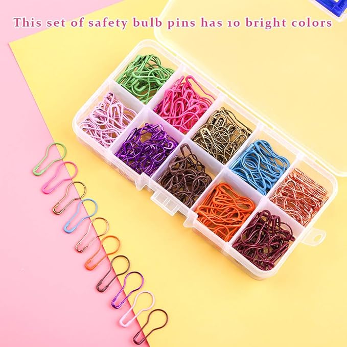 Mayboos 300 Pieces Safety Bulb Pins,10 Colors Calabash Crochet Stitch Markers, Metal Safety Pins for Knitting and DIY Project with Storage Box