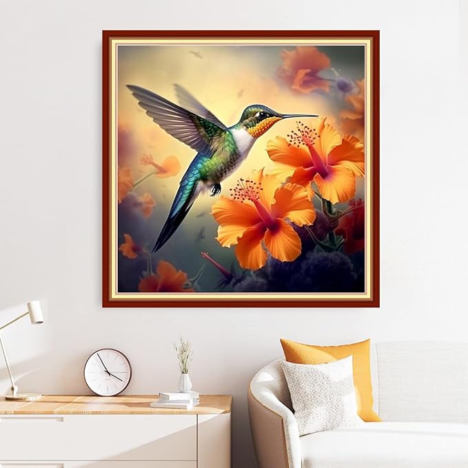 Disxvivy Cross Stitch Stamped Full Embroidery Kits DIY 11CT Cotton Thread Printed DIY Needlepoint Kits Craft Needlework Set Cross-Stitch Stamped Sets-Hummingbirds Gather Honey 18x18 inch