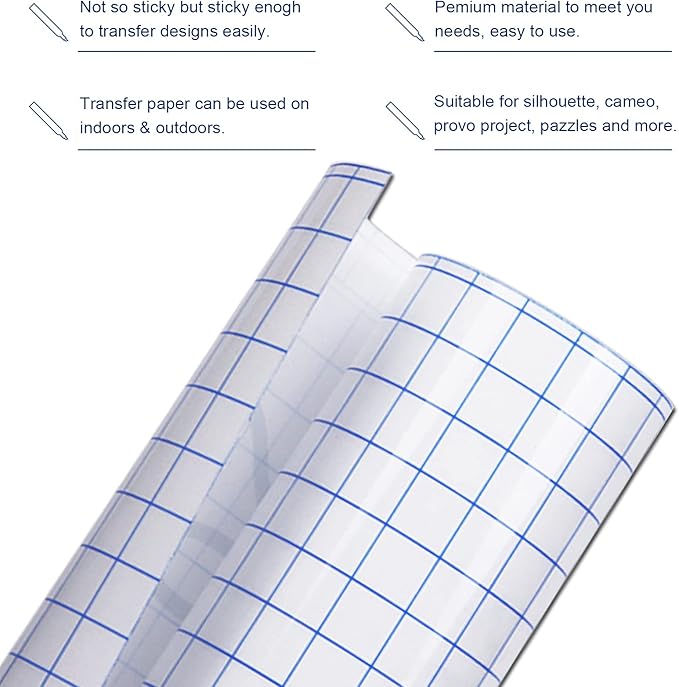 Vinyl Transfer Paper Tape Roll -12" x 50 FT w/Alignment Grid Clear Transfer Tape for Silhouette Cameo, Adhesive Vinyl Contact Paper Roll for Crafts Decals Stickers Windows Signs