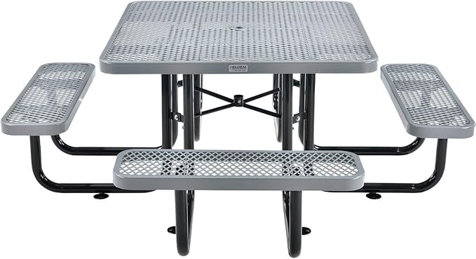 Global Industrial 46" Square Picnic Table, Expanded Metal, Gray Thermoplastic Coating, Attached Benches, 1-1/2” Umbrella Pole Hole, Outdoor-Rated, 1000 lb Capacity