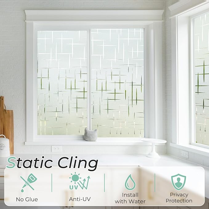 DOWELL Window Privacy Film Frosted Glass Window Film, Sun Blocking Non-Adhesive Glass Cling, Decorative Door Sticker, Self Static-Cling Tint Covering for Home Office, Cross Pattern 35.4" x 78.7"