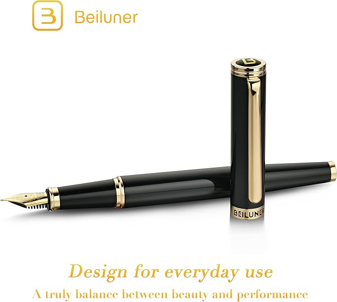 BEILUNER Black Fountain Pen,Stunning Luxury Pens with 24K Gold Accents, Gorgeous 24K Gilded Nib(Medium), Trustworthy Pen Gift for Men&Women -Ink Converter-Elegant, Reliable,Nice Pen for Writing