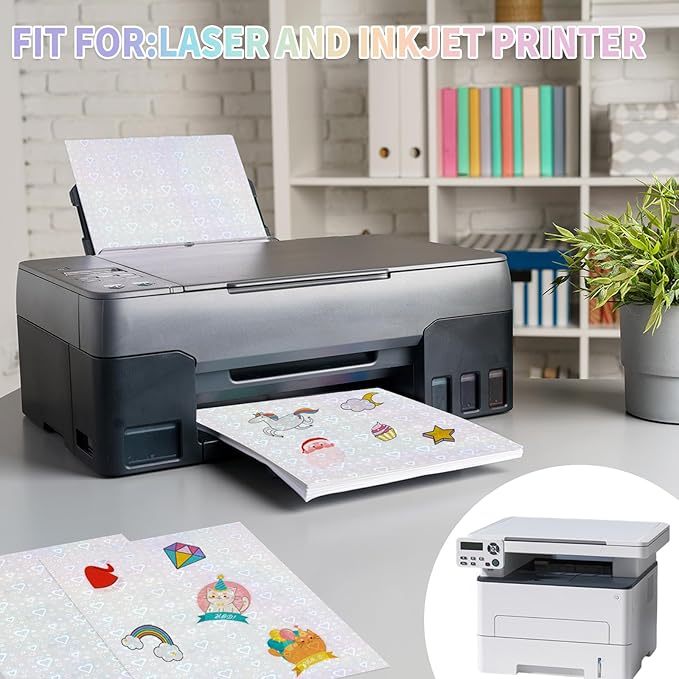 20 Sheets Holographic Sticker Paper,8.5x11 Inch Clear Printable Vinyl Sticker Papers,Self-Adhesive Waterproof for Inkjet/Laser Printer（Clear Heart）