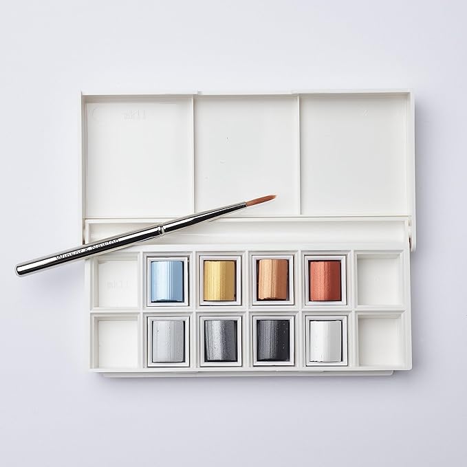 Winsor & Newton Cotman Watercolor Paint Set, 8 Half Pan, Metallic Colors w/ Brush