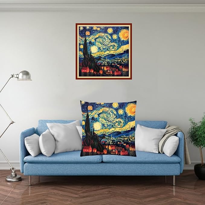 Stamped Cross Stitch Kits for Adults Beginners Pillow Needlepoint Kit with Embroidery Pattern Needlework Kit Prestamped Stitches Kit 11CT Cross Stitching-Van Gogh Starry Sky Home 18x18 inch