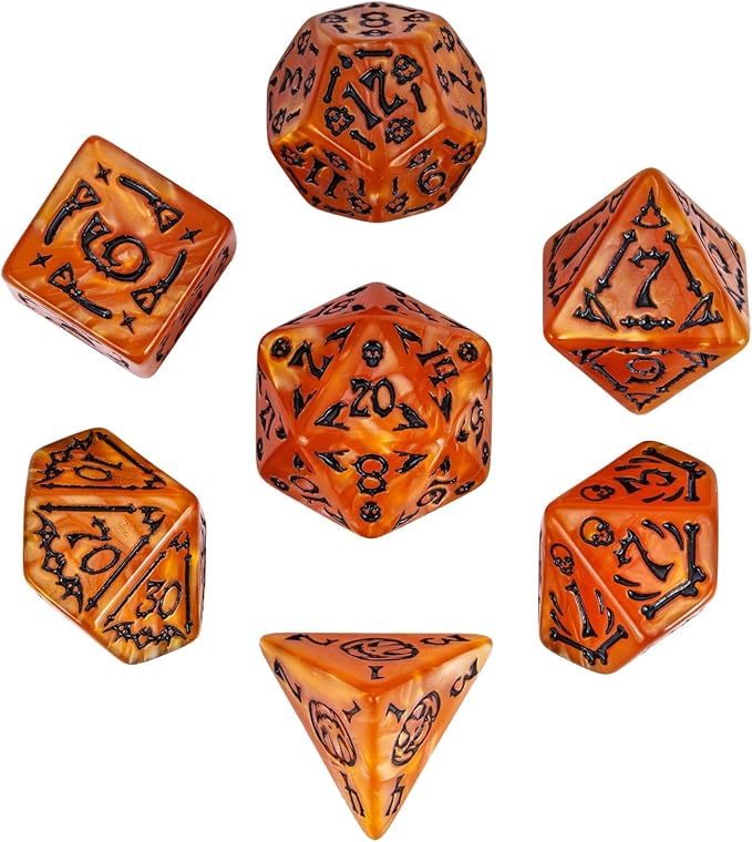 7-Die DND Dice Set Halloween Pattern Polyhedral Die Set with Leather Bag, Skull Dice D&D Die for RPG Table Games (Halloween Pattern-Orange/Black Number)