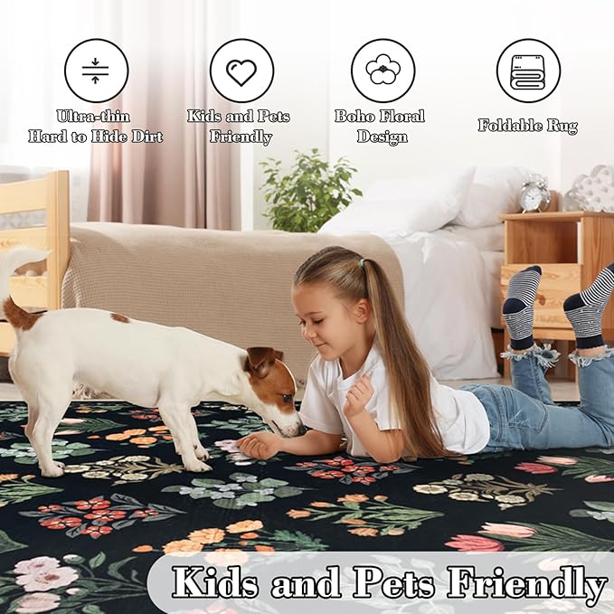 Wonnitar Floral Print 8x10 Washable Rug, Non Slip Black Dining Room Rug, Moroccan Large Stain Resistant Low Pile Indoor Carpet for Bedroom Playroom Home Decor, Black/Multi