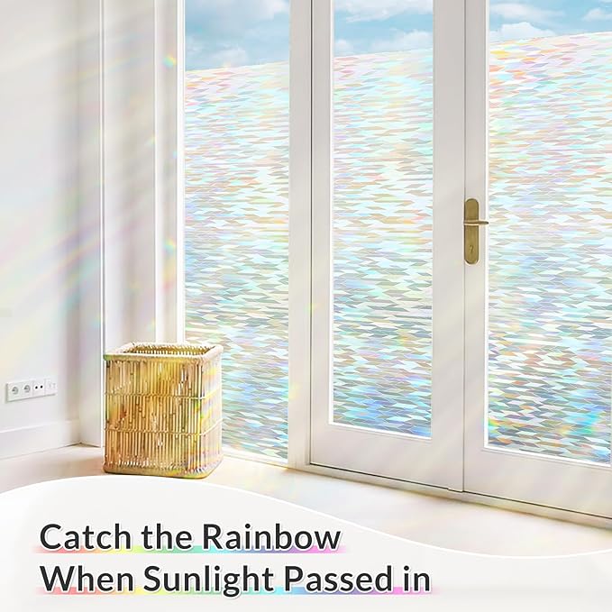 rabbitgoo Window Privacy Film with Installation Tools, Stained Glass Window Film Rainbow Prism Decorative Glass Clings for Home Decor, Static Cling Covering Sun Blocking, 17.5" x 118.1"
