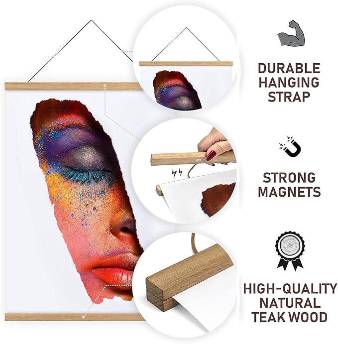 DACRI HOME Magnetic Poster Hanger Frame, Magnetic Poster Frame with Sturdy Teak Wood, Strong Magnets for Hanging Pictures, Maps, Scroll Wall Art, 18x18 18x24 18x27 (18 Inch, Natural Wood)