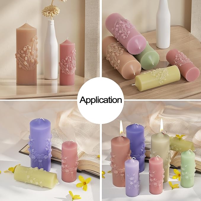 Flower Pillar Candle Molds 4pcs Rose Lily of The Valley Cylinder Silicone Molds for Candle Making Soaps Resin Clay Decoration Crafts DIY (Style -1)