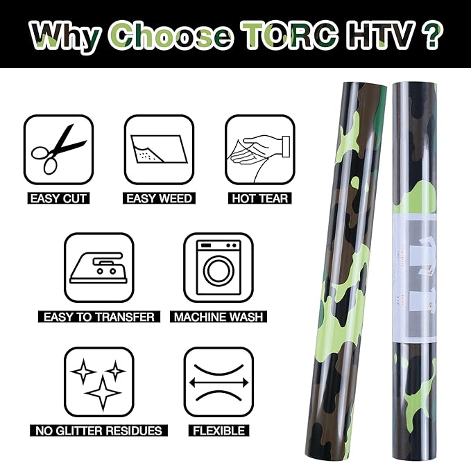 TORC Army Green Camouflage Heat Transfer Vinyl 12 inch x 10 ft, Camo HTV Vinyl Iron on Transfer for T-Shirts