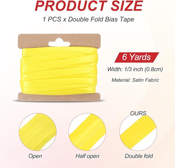 MECCANIXITY Double Fold Bias Tape for Sewing 1/3 Inch x 6 Yards Satin Pre-fold Continuous Binding Tape for Seaming Quilting Hemming Binding DIY Crafts, Yellow