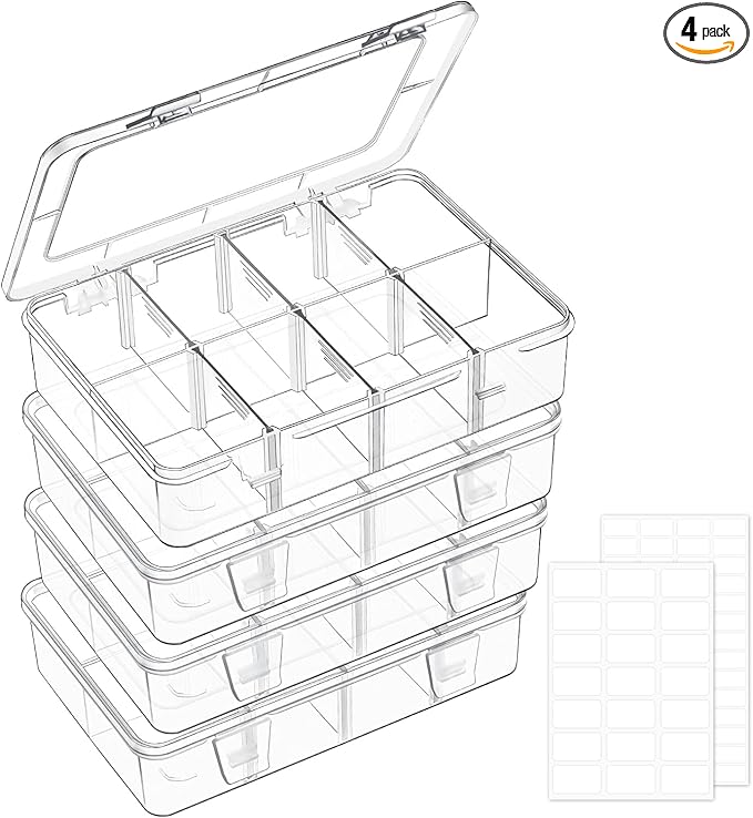 4 Pack 8 Grids Bead Organizer and Storage, Clear Plastic Storage Containers with Removable Dividers and Labels Small Tackle Box Organizer for Jewelry Crafts Electronics Small Parts