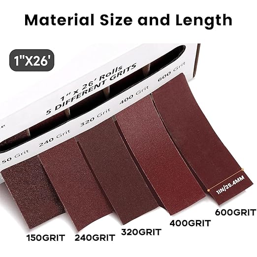 Emery Cloth Roll,5 Grits 1'' x 26FT Sandpaper Roll with Dispenser,150 240 320 400 600 Grit Sand Assortment, Sanding Paper Roll & Sandpaper Sheets for Metal Auto Wood Dry & Wet Polishing.(5Rolls 26FT)