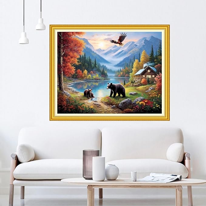 Dooxvey Cross Stitch Kit for Adult Beginners - Full Range of Stamped Kits with 11CT Patterns - Bear Scenery 16x20 inch
