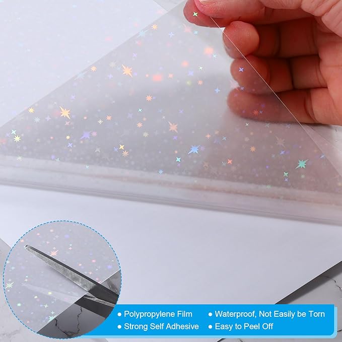 PATIKIL 11.7x8.3" Holographic Sticker Paper, 10Sheets A4 Polypropylene Self-adhesive Transparent Waterproof Laminate Overlay Film for Photo Cards Scrapbook Decorations, Starlight
