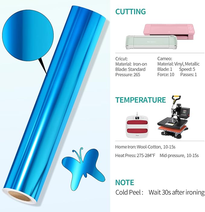 VINYL FROG Metallic Foil HTV Vinyl Roll 12" x5ft Blue Heat Transfer Vinyl Chrome Iron on Vinyl Easy to Cut & Weed DIY Heat Press Design for T-Shirts
