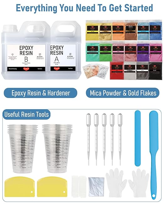 80 Oz Epoxy Resin Kit with 16 Colors Mica Powder, Gold Foil, Cups & Stick, Crystal Clear Resin Beginner Supplies for Coating Casting Table, Molds, Jewelry Making, DIY Art Craft, 1:1 Ratio