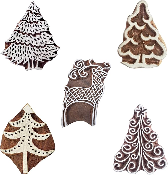 Royal Kraft Xmas Wooden Printing Stamps (Set of 5) - DIY Henna Fabric Textile Paper Clay Pottery Blocks Htag2217